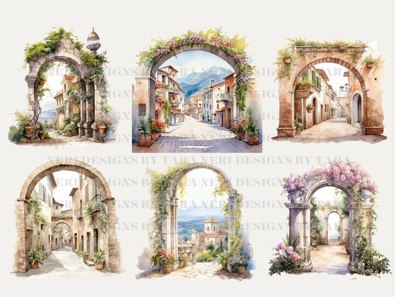 以下が含まれることがあります： 絵の具で描かれた、イタリアの街並みを思わせるアーチ型の入り口が6つ。それぞれの入り口は緑豊かな植物と花で飾られており、ロマンチックで魅力的な雰囲気を醸し出しています。