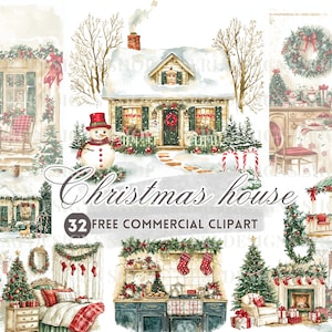 Kersthuis aquarel clipart, winter veranda gratis commerciële png, feestelijk wonen, kerstkeuken, vakantie slaapkamer, kerst open haard kunst