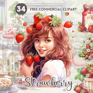 Aardbei aquarel clipart bundel Aardbei meisje, tuin, jam, cake, shake, ijs, taart Gratis commerciële set, Fruit Illustratie