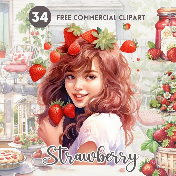 Strawberry watercolor clipart bundle, Strawberry girl, garden, jam, cake, shake, ice cream, pie Free commercial set, Fruit Illustration