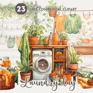 Laundry watercolor clipart bundle, Washing machine Free commercial PNG set, Laundry basket, clothesline, laundry room, washing day