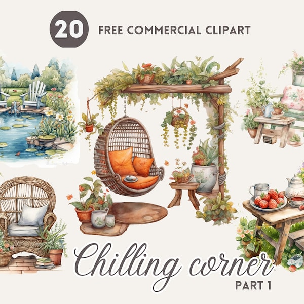 Chilling corner in the garden Watercolor Clipart Bundle Free Commercial Reading nook PNG Clipart Relax Illustration Downloadable clipart