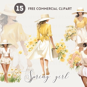 Ensemble de cliparts aquarelle dame florale Fille élégante et floraison de fleurs jaunes png commercial gratuit Illustration de jeune femme dynamique féminine