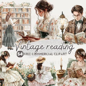 Vintage dame die aquarel clipart leest, klassieke heer en boek gratis commercial, vintage boekenplank, leesscène buiten, boekenliefhebber