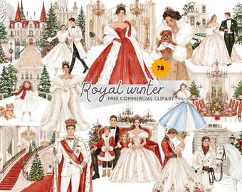 Royal Winter Printable Clipart, Watercolor Christmas Palace Scene with Queen, King, Princess, Prince and Pet Illustration