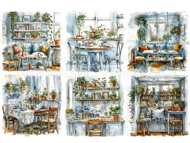 Cozy Home Watercolor Clipart Bundle, Bedroom Free Commercial, Bathroom ...