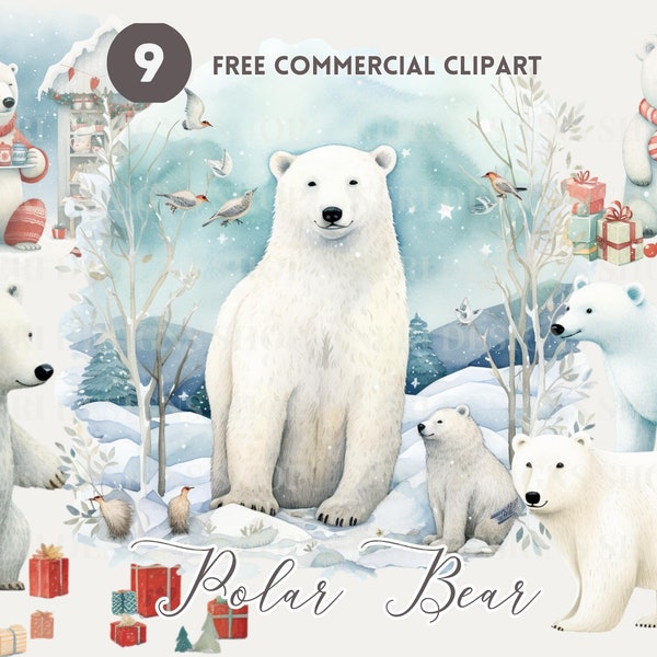 Polar Bear Watercolor Clipart Bundle, Christmas Cute Arctic Free Commercial PNG, North Pole polar bear, Snowy Bear Family Illustration