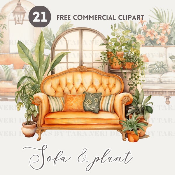 Boho sofa and plant watercolor clipart bundle, Botanical Couch Free commercial PNG set, Cozy Interior Illustration Home Furniture Graphic