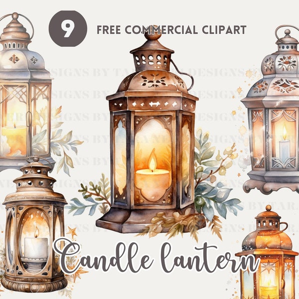 Cozy candle lantern Watercolor Clipart Bundle, Decorative Candle Holder Free Commercial PNG, Candle Light Illustration