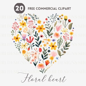花のハート型水彩クリップアートバンドル、花でいっぱいのハートの無料商用PNG、バレンタインデーのイラスト、愛、ロマンスグラフィック