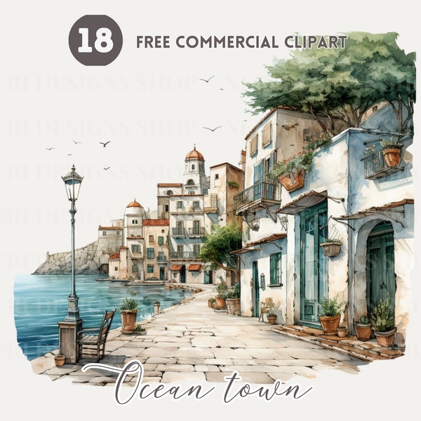 Ocean town watercolor clipart bundle, town by the sea Free commercial png, Coastal living illustration, waterfront house graphic