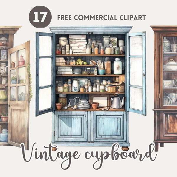 Vintage cupboard watercolor clipart bundle Retro cabinet free commercial PNG set Downloadable Rustic storage illustration, Antique Furniture