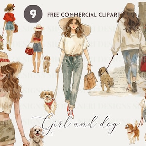 Dog walking watercolor clipart, girl and dog free commercial PNG, woman and puppy illustration, feminine graphic, girl and furry pet friend