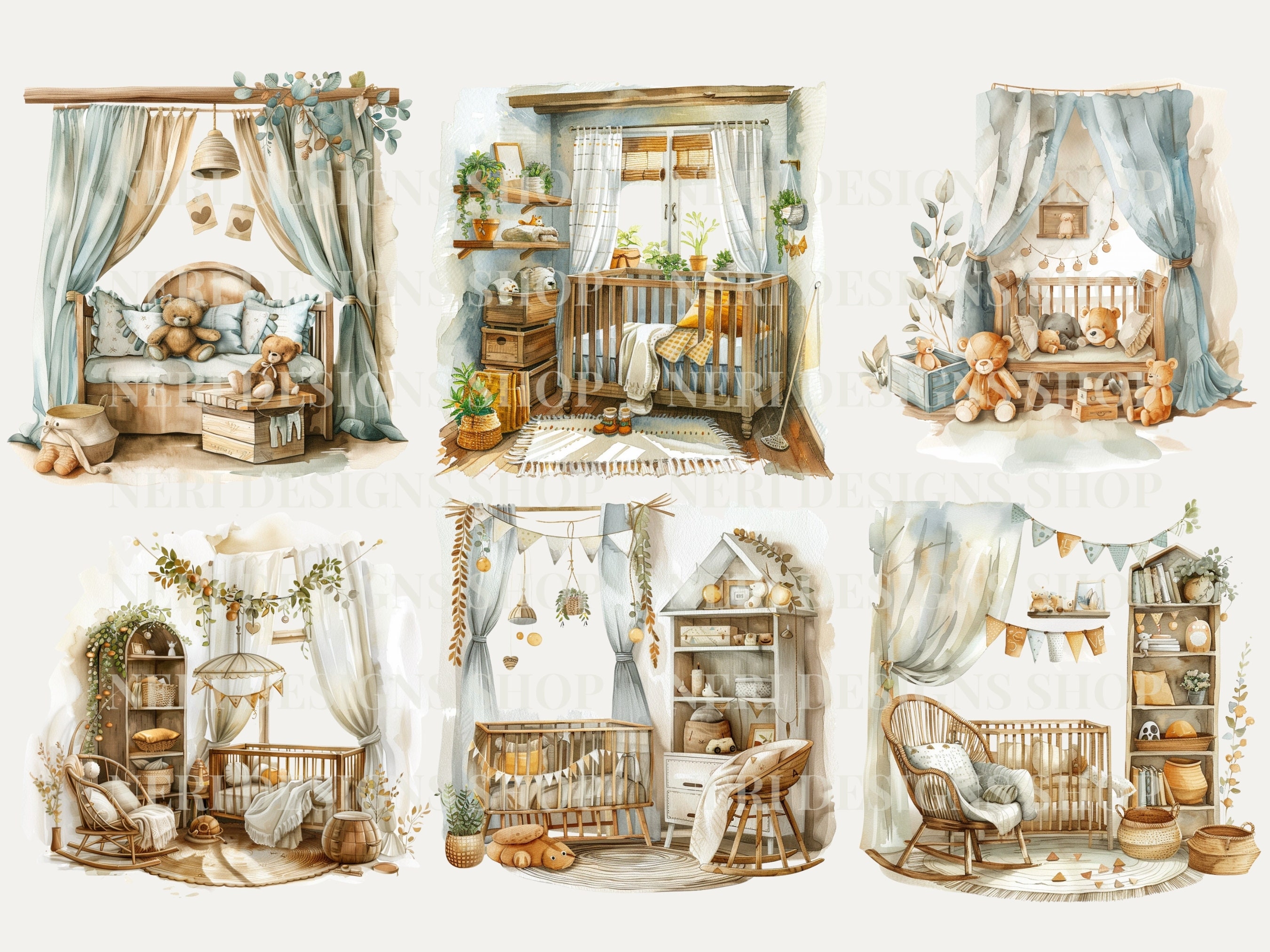 Nursery Room Watercolor Clipart Bundle, Cozy Baby Room Free Commercial ...