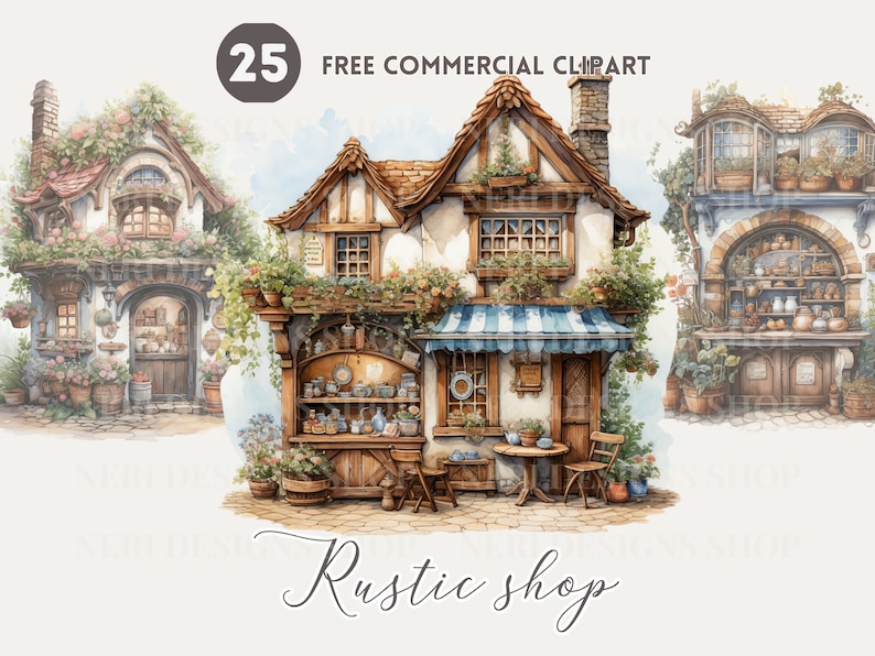 May include: A watercolor illustration of a rustic shop with a blue and white striped awning. The shop has a wooden door, windows, and shelves filled with items. There are flowers and plants in pots outside the shop. The text "Rustic Shop" is written below the shop.