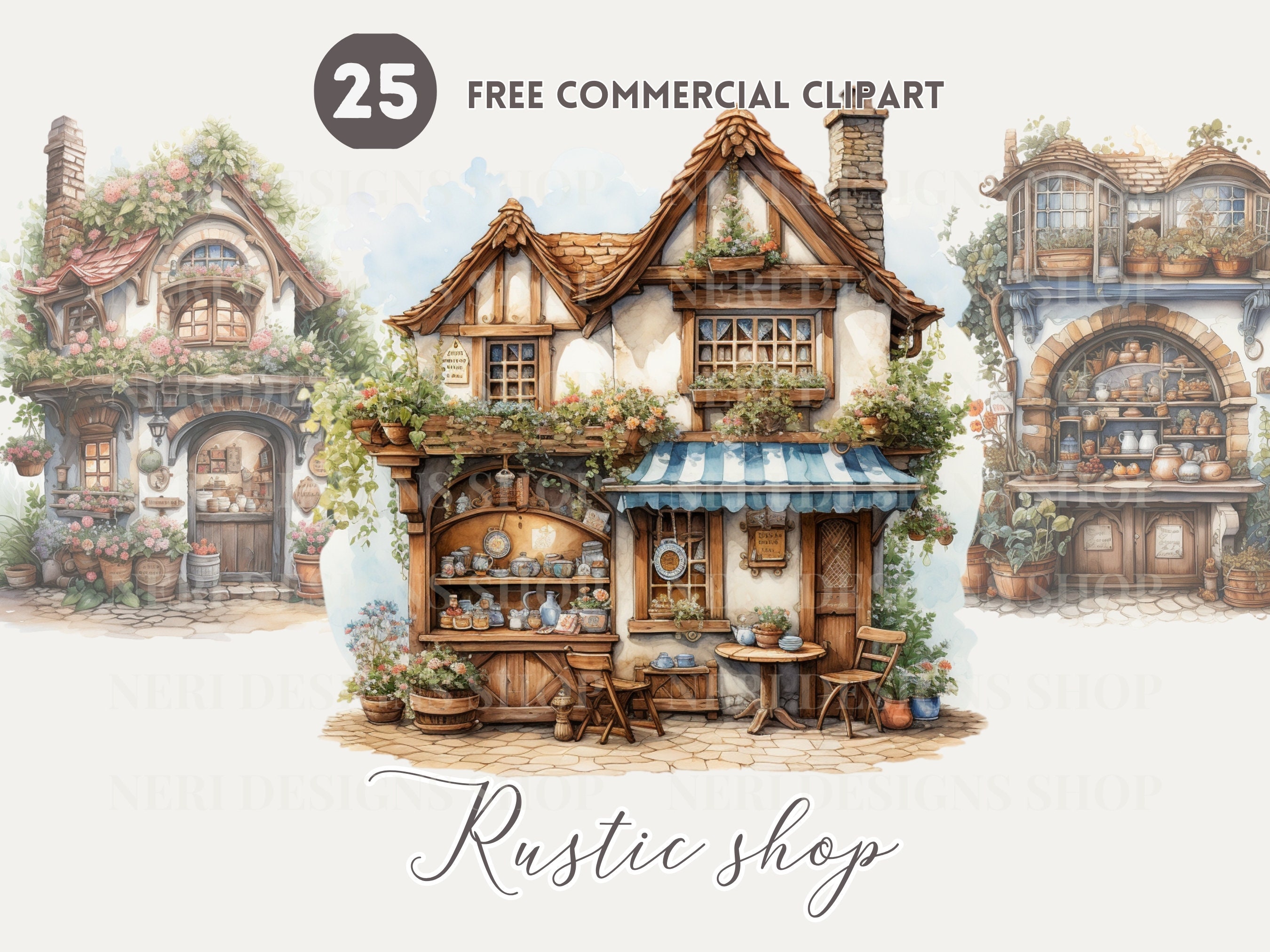 Rustic Commercial Storefront Rustic Storefront Watercolor Clipart Bundle, Whimsical Countryside ...