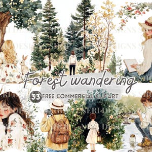 Boswandeling aquarel clipart, meisje bij boomstam, Wandering in the Woods gratis commerciële PNG, Forest Explorer, Woodland Hiker Journal Art