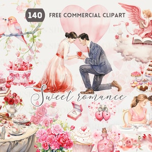 Pacote de clipart de aquarela de amor romântico, PNG comercial grátis para o Dia dos Namorados, casal apaixonado, cupido, jantar romântico, chocolate, coração, arte com rosas