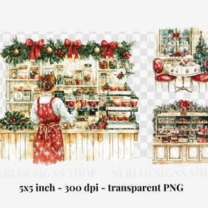 K&ouml;nnte beinhalten: Eine Aquarellillustration eines Weihnachtsladens mit einer Frau in einem roten Kleid, die Getr&auml;nke serviert. Der Laden ist mit Gr&uuml;n, roten Schleifen und Weihnachtsornamenten geschm&uuml;ckt. Es gibt Regale voller Gl&auml;ser und Flaschen. Der Laden hat auch einen kleinen Tisch und St&uuml;hle mit einer roten Tischdecke.