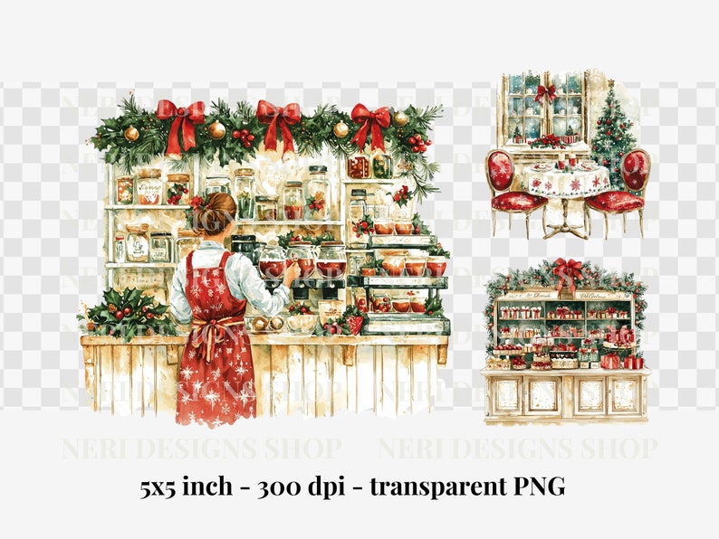 K&ouml;nnte beinhalten: Eine Aquarellillustration eines Weihnachtsladens mit einer Frau in einem roten Kleid, die Getr&auml;nke serviert. Der Laden ist mit Gr&uuml;n, roten Schleifen und Weihnachtsornamenten geschm&uuml;ckt. Es gibt Regale voller Gl&auml;ser und Flaschen. Der Laden hat auch einen kleinen Tisch und St&uuml;hle mit einer roten Tischdecke.
