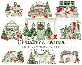 Christmas Corners Watercolor Clipart, Holiday Rooms, Space with Festive Decoration Illustration for Planners, Commercial Use
