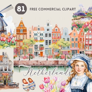 Netherlands Watercolor Clipart Bundle, Dutch colored townhouse Free Commercial PNG, Holland landscape, lady, tulip, windmill, cheese, clog
