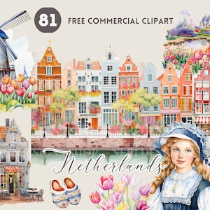 Netherlands Watercolor Clipart Bundle, Dutch colored townhouse Free Commercial PNG, Holland landscape, lady, tulip, windmill, cheese, clog