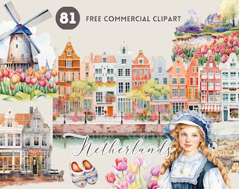 オランダの水彩画クリップアートバンドル、オランダのカラフルなタウンハウスの無料商用PNG、オランダの風景、女性、チューリップ、風車、チーズ、木靴