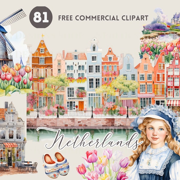 Niederlande Aquarell Clipart Bundle, holländisches Stadthaus PNG, Holland Landschaft, Dame, Tulpe, Windmühle, Käse, Holzklotz