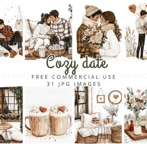 Clipart acquerello di coppia accogliente a casa, JPG commerciale gratuito di coppia accogliente, adesivo digitale di amore e cacao, coccole romantiche, coccole insieme