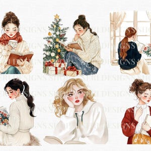 May include: Watercolor illustrations of women reading books. One woman is wearing a red scarf and holding a mug, another is near a Christmas tree, and others are in cozy settings. The art style is soft and inviting.