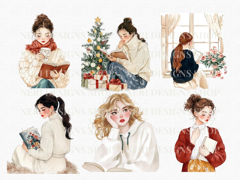 May include: Watercolor illustrations of women reading books. One woman is wearing a red scarf and holding a mug, another is near a Christmas tree, and others are in cozy settings. The art style is soft and inviting.
