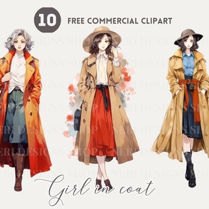 Vrouw met stijlvolle lange jas aquarel clipart, schattig meisje gratis commerciële PNG, chique jas dame illustratie, gezellige herfst uitloper mode