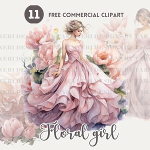 Pretty Lady draagt roze bloemenjurk Aquarel Clipart Bundel, Floral Lady Gratis Commerciële PNG, Elegante Mode Illustratie