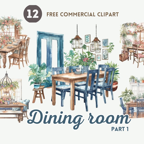 Dining room Watercolor Clipart Bundle Free Commercial Table setting PNG Clipart Downloadable Dinner party Illustration with Chandelier