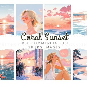 Clipart coucher de soleil, art fille au coucher du soleil, plage coucher de soleil gratuit commercial JPG, sticker mood board, coucher de soleil sur la ville, graphique de scène de coucher de soleil pour journal