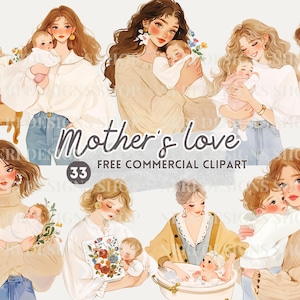 Puede incluir: Ilustración digital con múltiples imágenes de mujeres sosteniendo bebés. Las imágenes están en una paleta de colores pastel suaves. El texto "Mother's love" y "Free Commercial Clipart" está incluido.