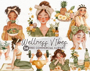 Wellness lifestyle Watercolor Clipart, Fitness Free Commercial PNG, Pilates, Yoga, Weightlifting, Self-care girl at spa sticker for journal