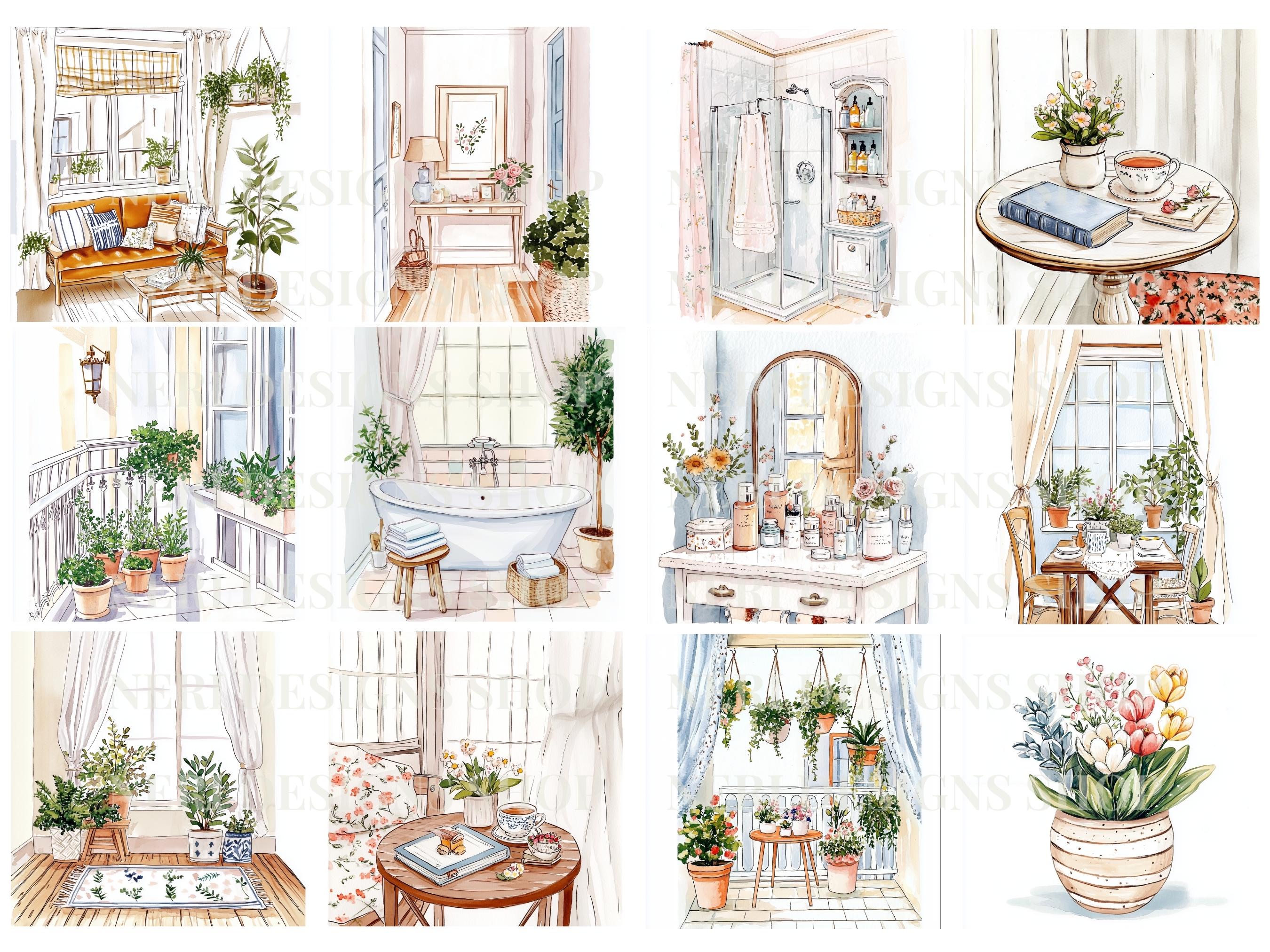 Cute Home Interior Watercolor Clipart, Cozy Room & House Scene Free ...