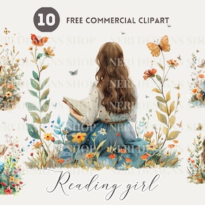 Ragazza che legge nel giardino fiorito Pacchetto di clipart ad acquerello, giovane donna con vista posteriore che legge PNG commerciale gratuito, illustrazione di amante dei libri, topo di biblioteca