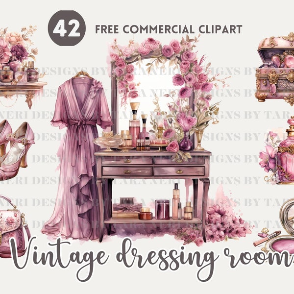 Vintage dressing room watercolor clipart bundle, Vanity table, Classic make up Free commercial png set, perfume, jewelry box illustration