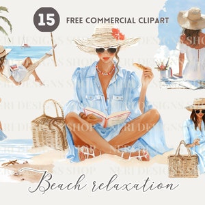 Vrouw aan het strand aquarel clipartbundel, meisje ontspannen in hangmat Gratis commerciële png, strandwandeling, strandmeditatie, lezen, vrouwelijke afbeelding