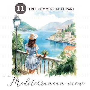 Back view lady on Mediterranean balcony watercolor clipart bundle, Coastal view Free commercial, Woman with sea view Art, Greek Landscape