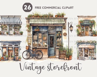 Vintage storefront watercolor clipart bundle, Retro Coffee shop Free commercial PNG set, Vintage shopfront Illustration, Old shop Graphic