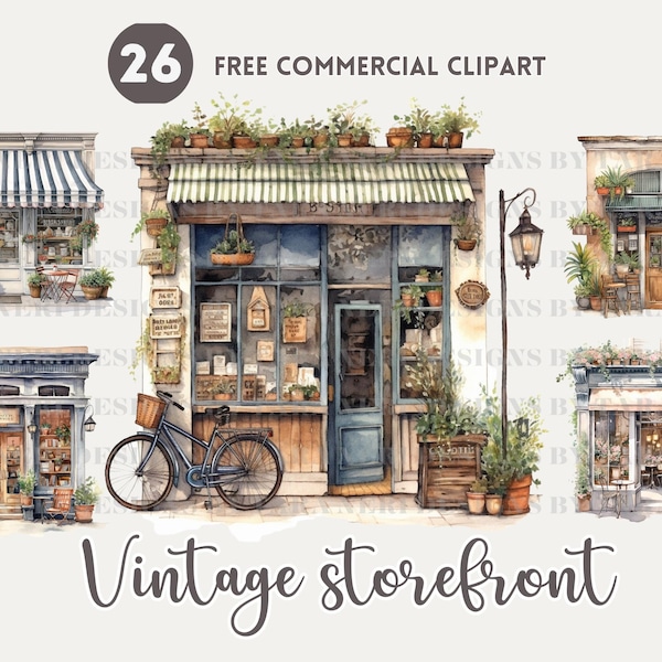 Vintage storefront watercolor clipart bundle, Retro Coffee shop Free commercial PNG set, Vintage shopfront Illustration, Old shop Graphic