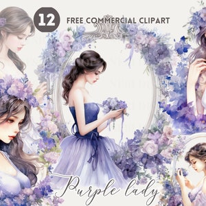 Dama en flor con clipart de acuarela floral púrpura conjunto Chica elegante y flor lila Libre comercial png Ilustración de mujer joven femenina