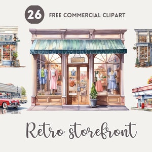 Retro storefront watercolor clipart bundle, Street shop, Store Facade Free commercial set, Clothing, toy, music, tool shop illustration
