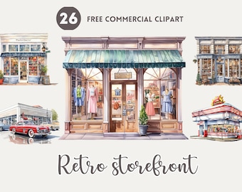 Retro storefront watercolor clipart bundle, Street shop, Store Facade Free commercial set, Clothing, toy, music, tool shop illustration
