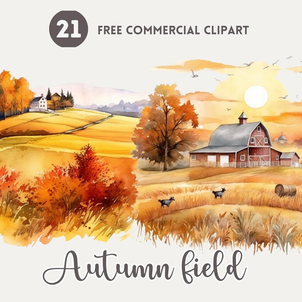 Autumn landscape watercolor clipart bundle, Autumn field free commercial PNG, Fall meadow, Fall scenery, Farm field, harvest field