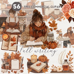 Gezellig schrijven in de herfst aquarel clipart, herfstplanner notities gratis commerciële png, herfstschrijversbureau, dagboek, lezen, herfstbriefpapier